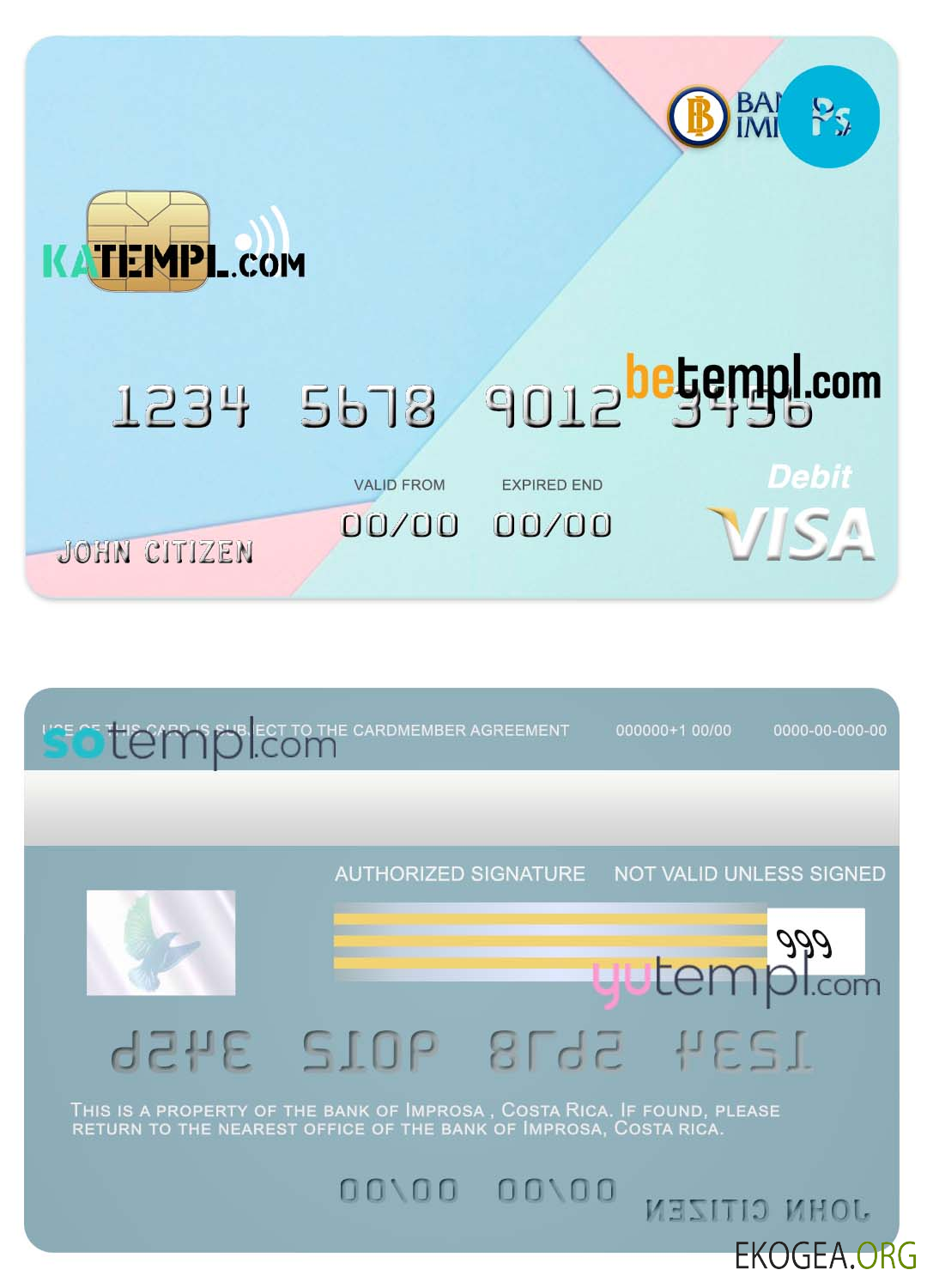 Modèle de carte de crédit visa bancaire Costa Rica Improsa au format PSD, entièrement modifiable